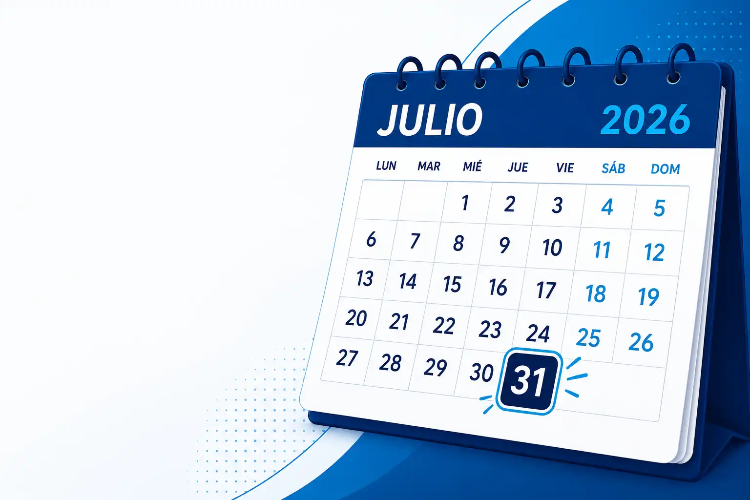 Calendario de julio 2026 con el día 31 destacado